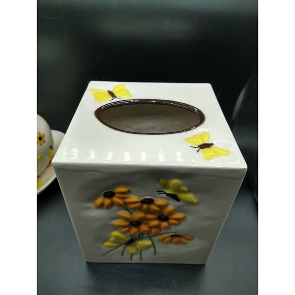 Vintage Ceramic 4 Piece Bathroom Vanity Set Butterfly Daisy Yellow Orange 1980's - Picture 10 of 16